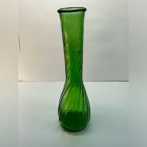 Emerald Green Hoosier Glass Ribbed Flower Vase Vintage Stem
